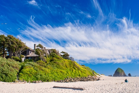 A man relaxing on a beach chair, windswept clouds and trees, seagulls and monoliths, cannon beach, oregon.の写真素材