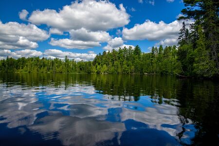 reflecting clouds and forest on the placid waters of sawbill lake, in the boundary waters conoe area wilderness, minnesota.の写真素材
