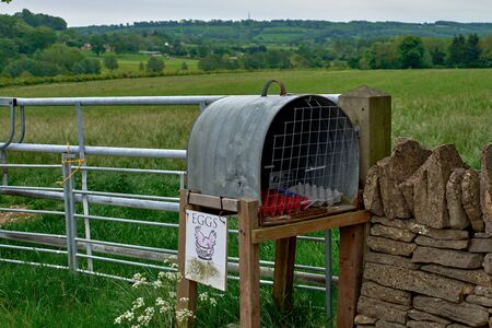 a metal farm box, used to store and sell eggs, with empty egg cartons inside, on a rural farm in the cotswolds, england.の写真素材