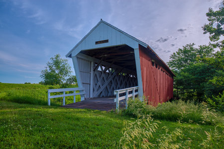 the historic imes covered bridge, spans across clanton creek, near saint charles, iowa.の写真素材