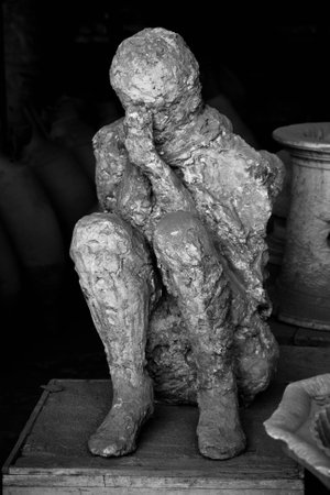 Black and white human victim body cast from Pompeiiの写真素材