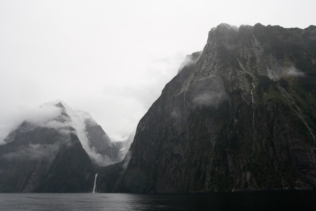 Waterfall Cliffs in beautiful milford soundの写真素材