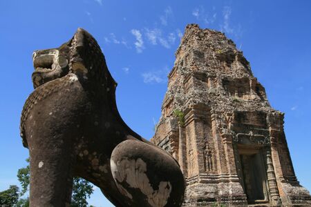 Lion Statue stands guard in Angkor Thom, Cambodia, Asiaの写真素材