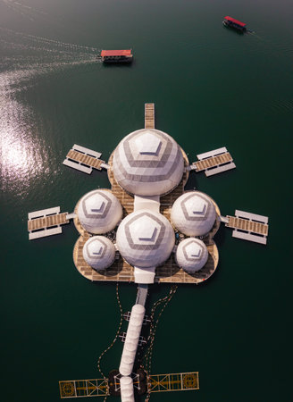 Aerial view of jetty at Tasik Kenyirの写真素材