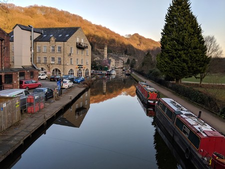 Canal and mill at Hebden Bridge, Yorkshireのeditorial素材
