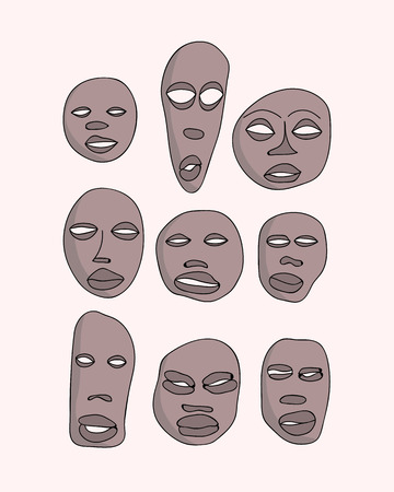 Vector hand drawn primitive african masks set. Isolated national ritual elements sketch collectionのイラスト素材