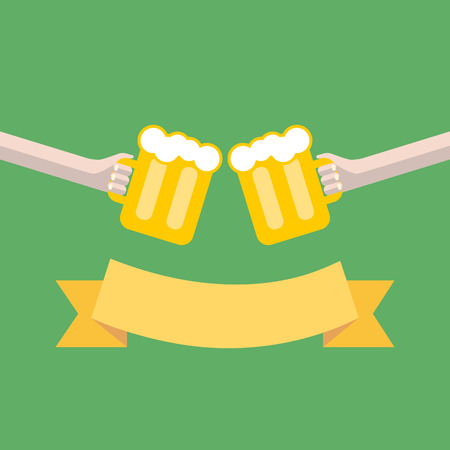 vector clink glasses and retro ribbon. two hands toasting glasses of beer. creative friendship conceptのイラスト素材