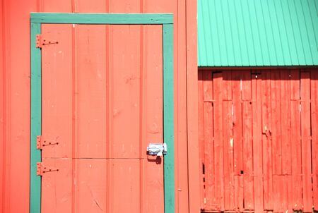 Green Frame on Red Barn Doorの写真素材