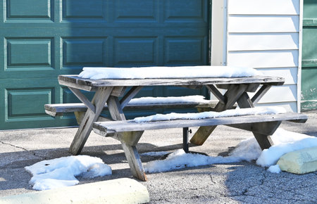 Snow on Picnic Tableの写真素材