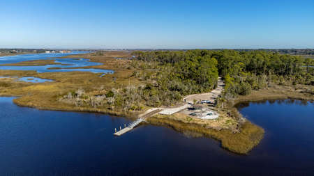 Aerial view of the small lake in the middle of the swamp.の写真素材