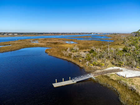 Aerial view of the small fishing pier.の写真素材