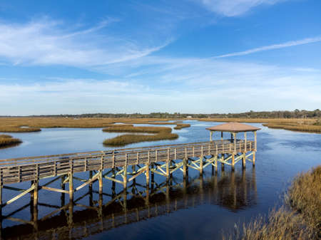 Wooden jetty in a marshy area in the countryside.の写真素材