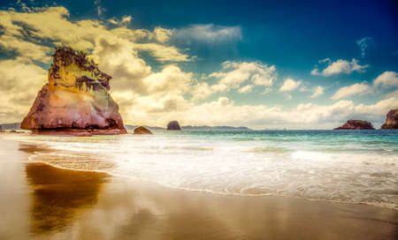 Famous Landmark Te Hoho Rock just off shore in the ocean at Cathedral Cove Coromandel New Zealandの写真素材
