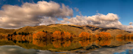 Autumn colour in the lakeside trees under a blanket of cloud at Wairepo Arm Twizelの写真素材