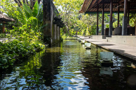 Landscaped water feature in the manicured gardens of the tourist resortの写真素材