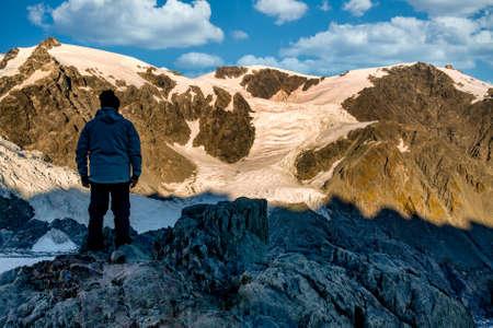 Selfie high in the peaks of the Southern Alps looking over Frans Josef Glacierの写真素材