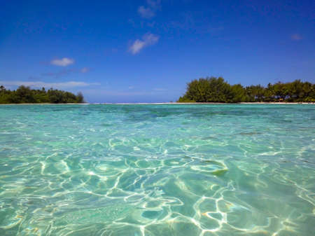 Fabulous tropical waters of Muri Lagoon with palm tree lined beach paradise at Rarotonga in the Cook  islandsの写真素材