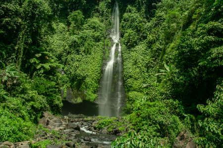 Beautiful tall waterfall cascading out of the lush green tropical jungleの写真素材