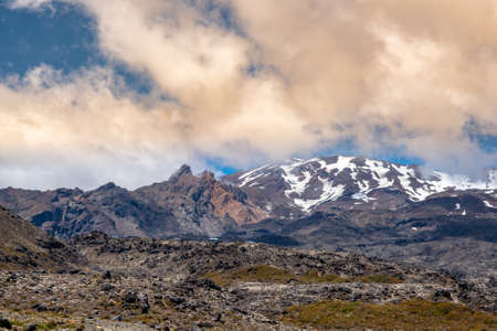 Magnificent snow capped volcano Mount Ruapehu in New Zealand Desert Roadの写真素材