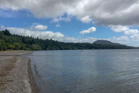 Deserted pristine new zealand beach lined with hills and forestの写真素材