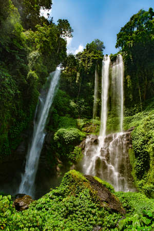 Beautiful Sekumpul Waterfall in the lush green TropicalBali jungleの写真素材