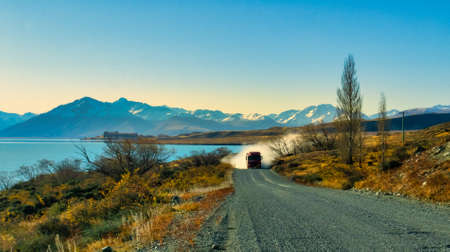 Off road on my e-bike on the gravel roads of the undeveloped Northern shore of Lake Tekapo en route to Mount Hay stationの写真素材
