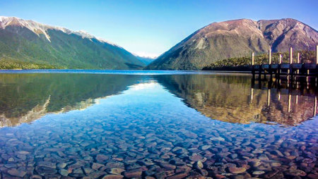 low perspective view of the stones and rocks under the surface at Lake Rotoiti, Nelson Lakes District Nelson New Zealandの写真素材