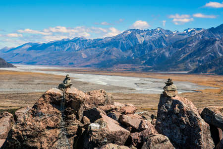 Looking back over some cute rock stacks from the Southern end of the Tasman Glacier over the dry...
