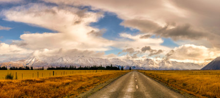 Panoramic view of the road to the Ben Ohau ranges ,  New Zealandの写真素材