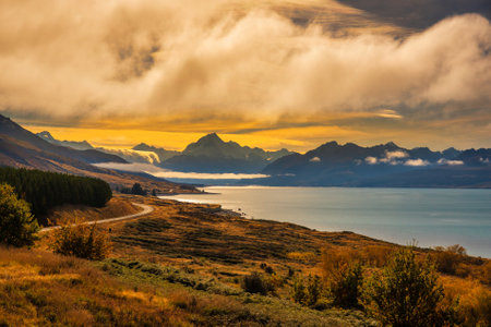 lots of different cloud formations over Aoraki Mt Cook National park during the golden hourの写真素材