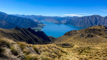 Lake Hawea seen from the Ishmus peak walking track on the hike to the peakの写真素材