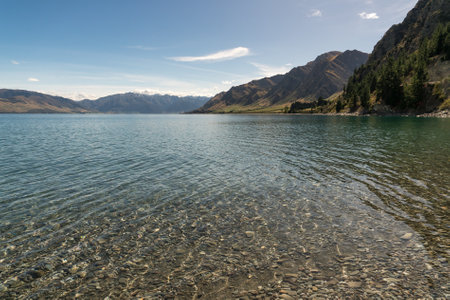 Lake side scenery on the alpine mountain lake Haweaの写真素材