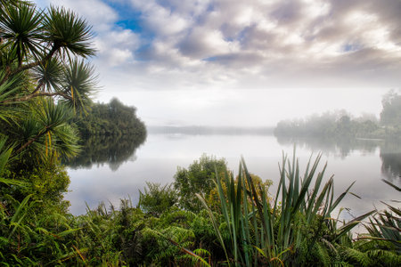 Early morning fog with low cloud at sunrise above the surface of the West Coast lakeの写真素材
