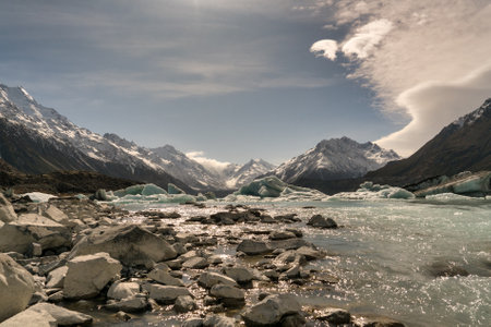 Icebergs floating on the surface of alpineTasman Lake in the Mount Cook National Park