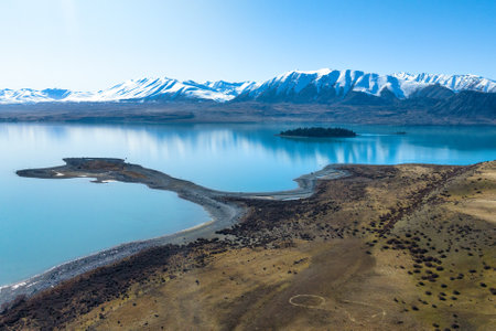 Aerial views of Lake Tekapo from Godleys peak gravel road on the long drive  to Glenmore stationの写真素材