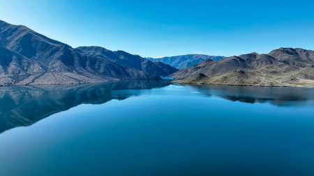 Aerial image of Benmore lake iat Sailors cutting n the South Island of New Zealandの写真素材