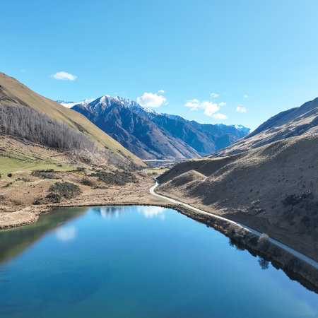 Drone  shot of Lake Kirkpatrick on the way to remote rural alpine Moke Lake near Queenstownの写真素材