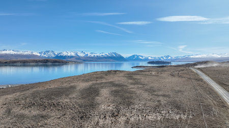 Drone mountain and farming country views of the shores of Lake Tekapo  area near  Roundhill Ski areaの写真素材
