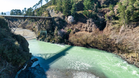 River and Southern Alps scenery from where the Waiau and Hanmer rivers meet at the  Hanmer Springs bungee jumping siteの写真素材