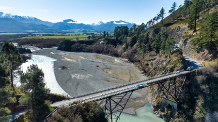 River and Southern Alps scenery from where the Waiau and Hanmer rivers meet at the  Hanmer Springs bungee jumping siteの写真素材
