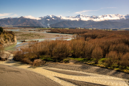 River and Southern Alps scenery from where the Waiau and Hanmer rivers meet at the  Hanmer Springs bungee jumping siteの写真素材