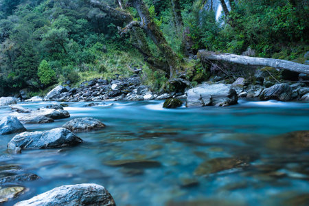 The clear turquoise water at Thunder Creek Falls iin Mount Aspiring National Park, Westland District, New Zealand. It is located in the Haast River valley, inland from Haastの写真素材