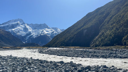 The Tasman river flowing through alpine grassland in Tasman valley Mount Cook National Parkの写真素材
