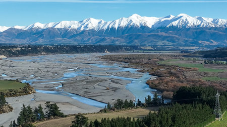 Aerial scenery of the agricultural fields and farm land around the Waimakariri Gorgeの写真素材