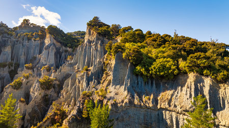 The towering pillars of rock known as the Putangarua Pinnacles in the Wairarapa created as a result...