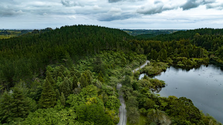 Drone perspective  of Lake Mangamahoe Taranaki  surrounded by forest