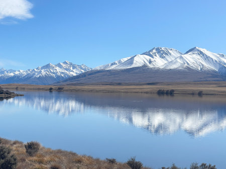 Grassy foreshore on the edge of Lake Clearwater beneath the southern alps in Hakatere conservation parkの写真素材