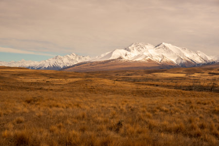 Photo of the arid desert like Hakatere Valley and southern alps in the Ashburton Highlandsの写真素材