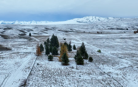 Aerial scenery of snow covered fields on the outskirts of Tekapo