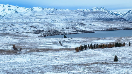 Aerial scenery of snow covered fields on the outskirts of Tekapoの写真素材